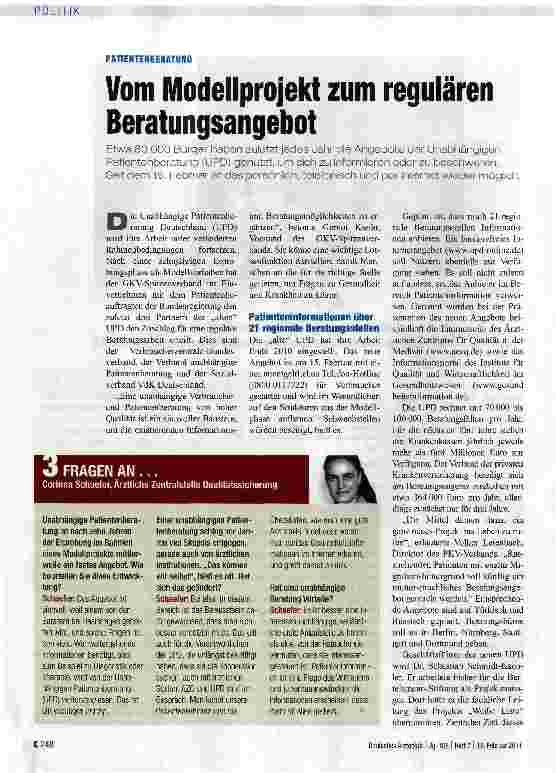 Vorschauseite 1: PATIENTENBERATUNGVom Modellprojekt zum regulären Beratungsangebot