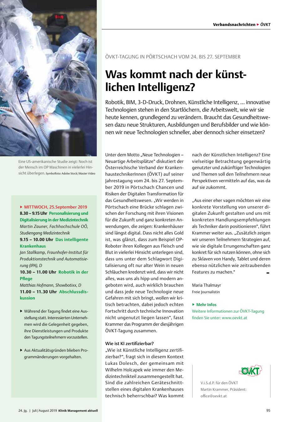 Vorschauseite 1: ÖVKT-Tagung in Pörtschach vom 24. bis 27. september: Was kommt nach der künstlichen Intelligenz?