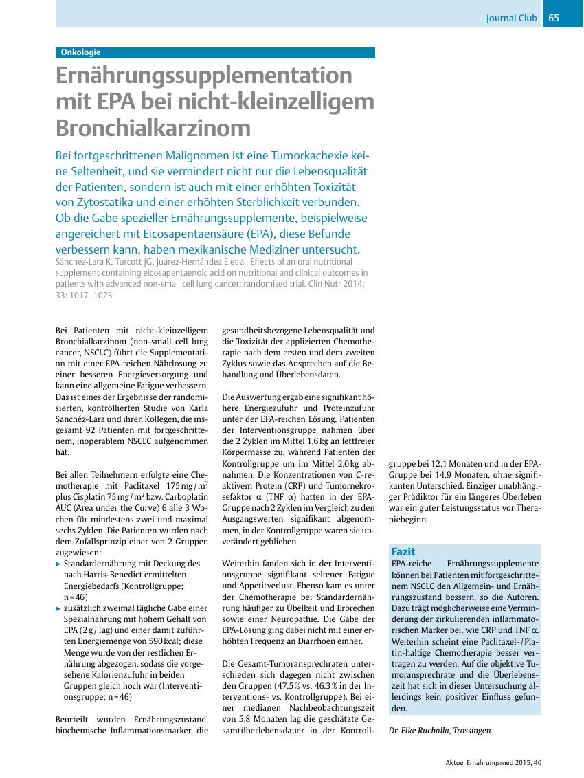 Vorschauseite 1: Onkologie – Ernährungssupplementation mit EPA bei nicht-kleinzelligem Bronchialkarzinom