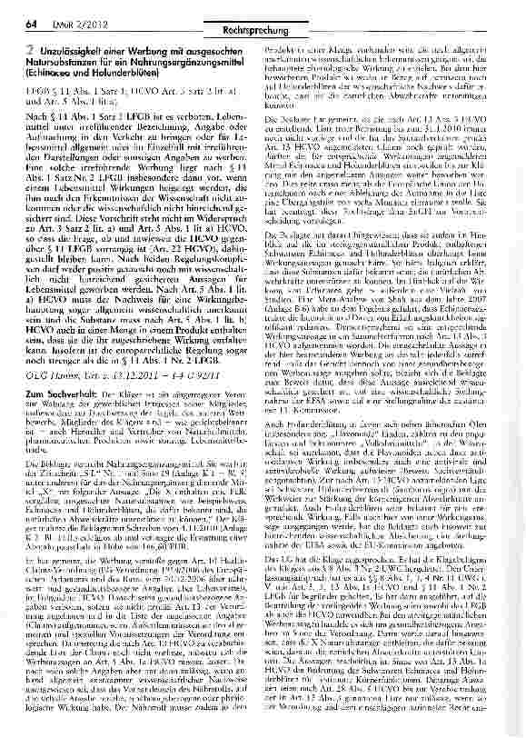 Vorschauseite 1: Unzulässigkeit einer Werbung mit ausgesuchten Natursubstanzen für ein Nahrungsergänzungsmittel (Echinacea und Holunderblüten) LFGB § 11 Abs. 1 Satz 1; HCVO Art. 3 Satz 2 lit. a) u…