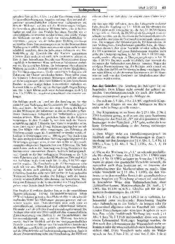Vorschauseite 2: Unzulässigkeit einer Werbung mit ausgesuchten Natursubstanzen für ein Nahrungsergänzungsmittel (Echinacea und Holunderblüten) LFGB § 11 Abs. 1 Satz 1; HCVO Art. 3 Satz 2 lit. a) u…