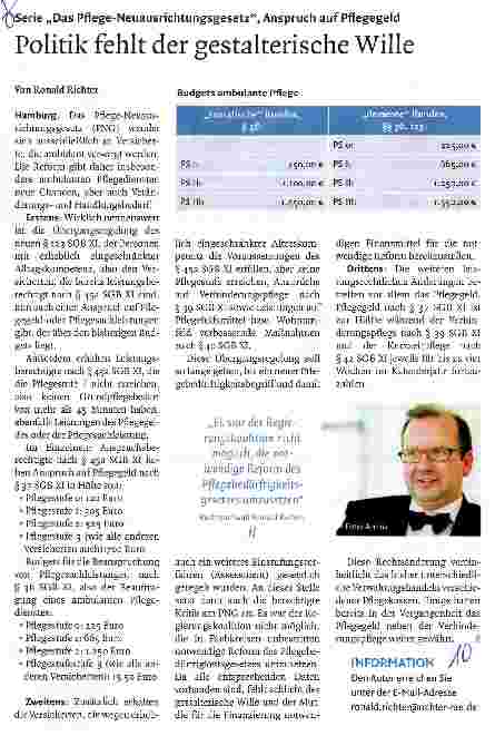 Vorschauseite 1: Serie „Das Pflege-Neuausrichtungsgesetz, Anspruch auf Pflegegeld Politik fehlt der gestalterische Wille