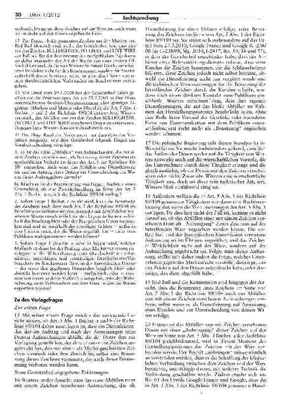 Vorschauseite 2: Kein Verbot für Abfüllen von Getränkedosen mit markenrechtswidriger AufschriftAHUV Art. 267; Richtlinie 89/104/EWG Art. 5 I lit b, III
