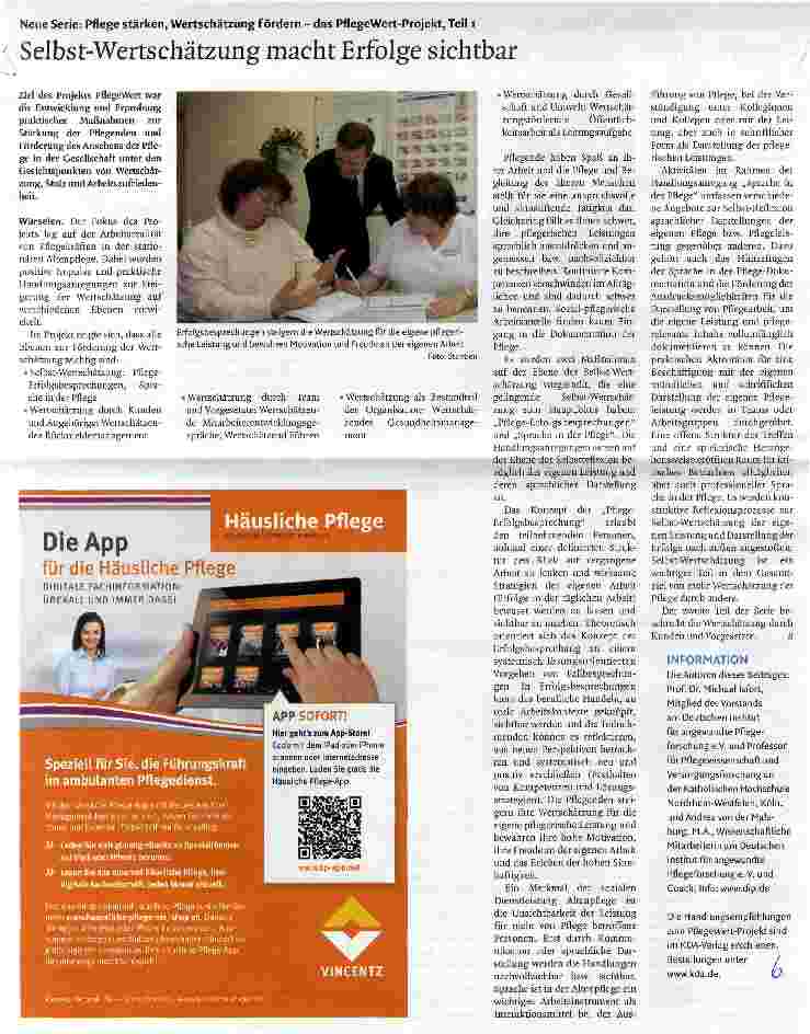 Vorschauseite 1: Neue Serie: Pflege stärken, Wertschätzung fördern: das PflegeWert-Projekt , Teil1 Selbst-Wertschätzung macht Erfolge sichtbar