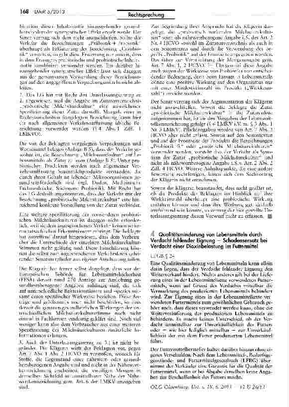 Vorschauseite 1: Qualitätsminderung von Lebensmitteln durch Verdacht fehlender Eignung — Schadensersatz bei Verdacht einer Dioxinbelastung im Futtermittel LFGB § 24