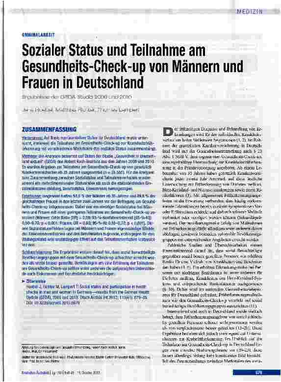 Vorschauseite 1: Sozialer Status und Teilnahme am Gesundheits-Check-up von Männern und Frauen in Deutschland