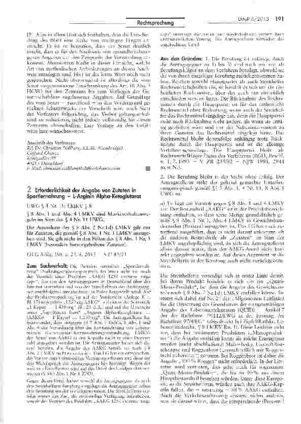 Vorschauseite 1: Erforderlichkeit der Angabe von Zutaten in Sportlernahrung — L-Arginin Alpha-Ketoglutarat UWG $ 4 Nt 11; LMKV $ 8
