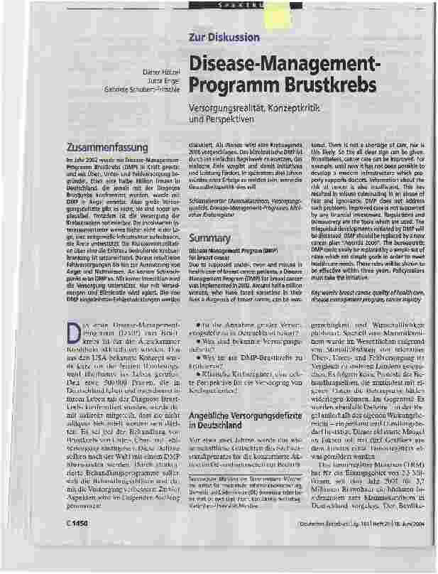 Vorschauseite 1: Zur DiskussionDisease-Management-Programm BrustkrebsVersorgungsrealität, Konzeptkritik und Perspektiven