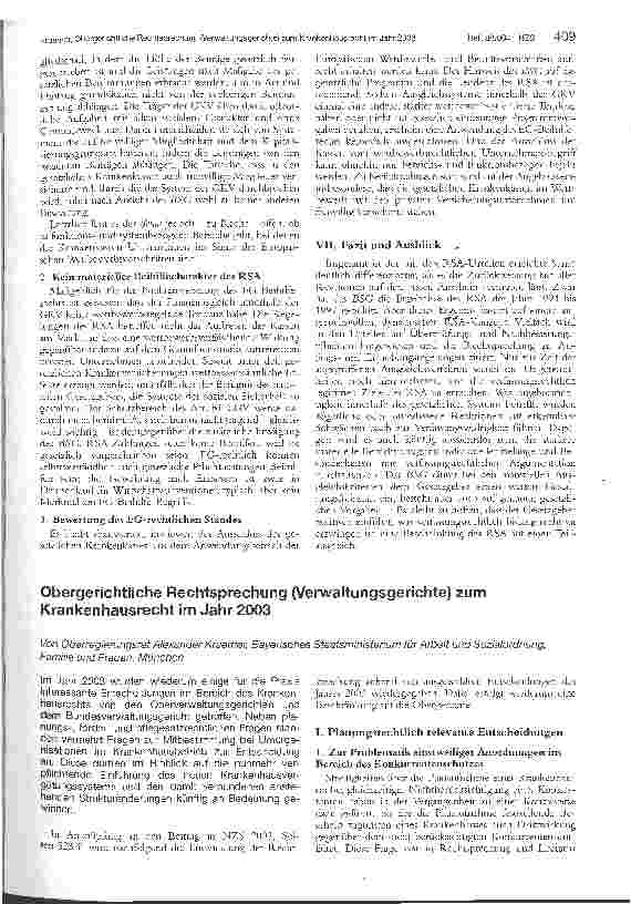 Vorschauseite 1: Obergerichtliche Rechtsprechung (Verwaltungsgerichte) zum Krankenhausrecht im Jahr 2003