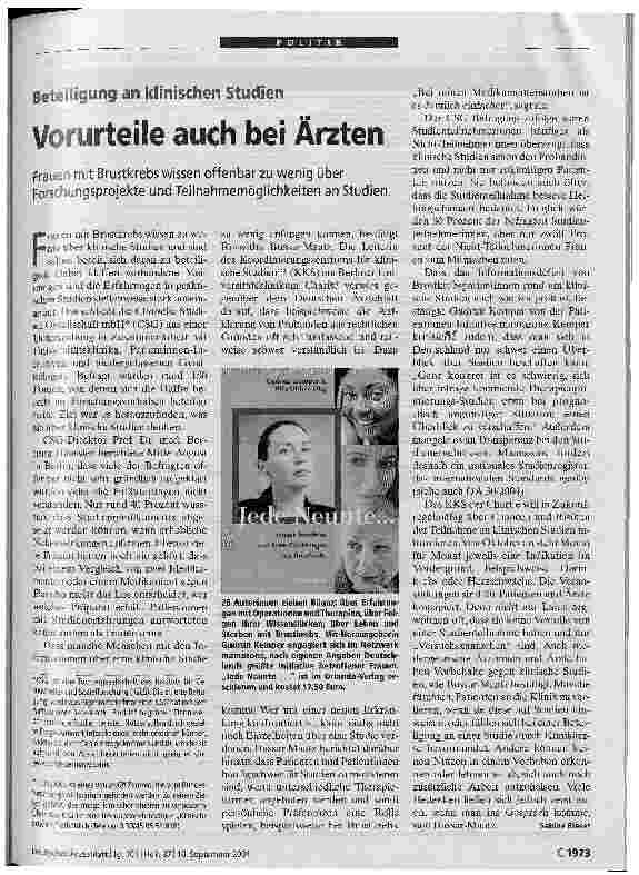Vorschauseite 1: Vorurteile auch bei Ärzten- Frauen mit Brustkrebs wissen offenbar zu wenig über Forschungsprojekte und Teilnahmemöglichkeiten an Studien.