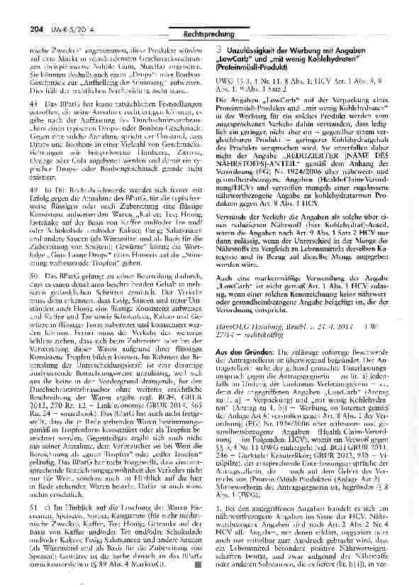 Vorschauseite 1: Unzulässigkeit der Werbung mir Angaben „LowCarb und „mit wenig Kohlehydraten (Proteinmüsli-Produkt) UWG SS 3, 4 Nr. 11, 8 Abs. 1; HCV Art. 1 Abs. 3, 8 Abs. 1, 9 Abs. 1 Satz 2