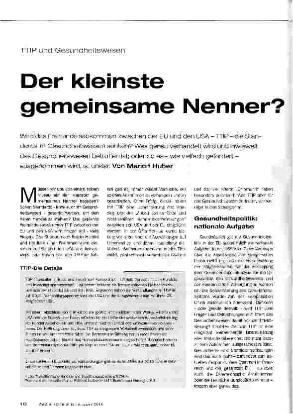 Vorschauseite 1: TTIP und GesundheitswesenDer kleinste gemeinsame Nenner