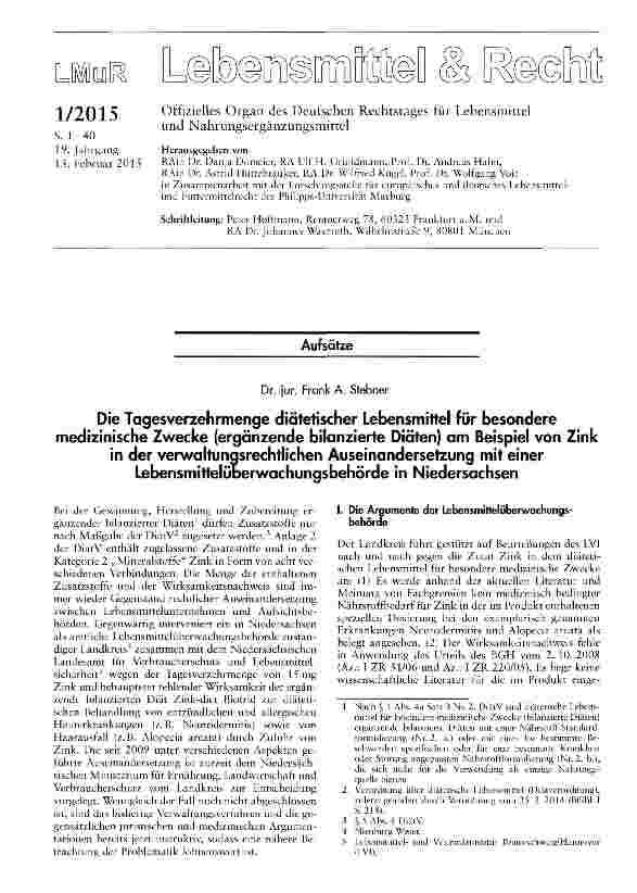 Vorschauseite 1: Die Tagesverzehrmenge diätetischer Lebensmittel für besondere medizinische Zwecke (ergänzende bilanzierte Diäten) am Beispiel von Zink in der verwaltungsrechtlichen Auseinanderset…
