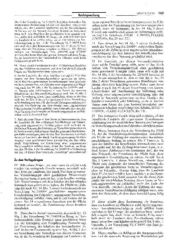 Vorschauseite 3: Schadensersatz bei durch Nachbau gewonnenem Vermehrungsgut einer geschützten Pflanzensorte VO (EG) Nr. 2100/94 Art. 14; AEUV Art. 267