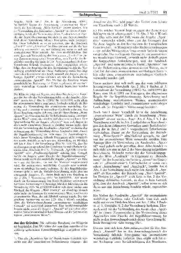 Vorschauseite 2: Zulässigkeit der Bezeichnung „Aperitive* Sprizz für ein dramatisiertes weinhaltiges Getränk WeinG § 25