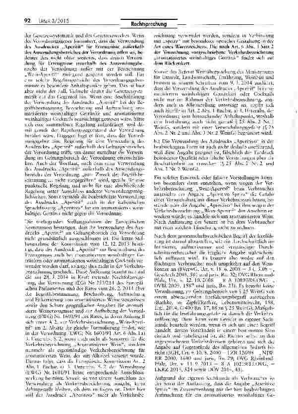 Vorschauseite 3: Zulässigkeit der Bezeichnung „Aperitive* Sprizz für ein dramatisiertes weinhaltiges Getränk WeinG § 25