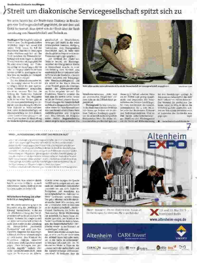 Vorschauseite 1: Streit um diakonische Servicegesellschaft spitzt sich zu