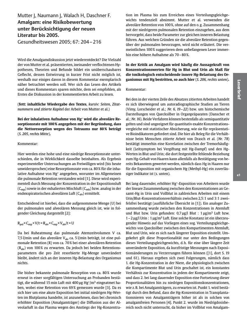 Vorschauseite 1: Mutter J, Naumann J, Walach H, Daschner F. Amalgam: eine Risikobewertung unter Berücksichtigung der neuen Literatur bis 2005. Gesundheitswesen 2005; 67: 204 - 216