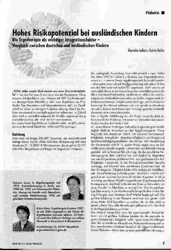 Vorschauseite 1: Hohes Risikopotenzial bei ausländischen KindernDie Ergotherapie als wichtiger Integrationsfaktor -Vergleich zwischen deutschen und ausländischen Kindern