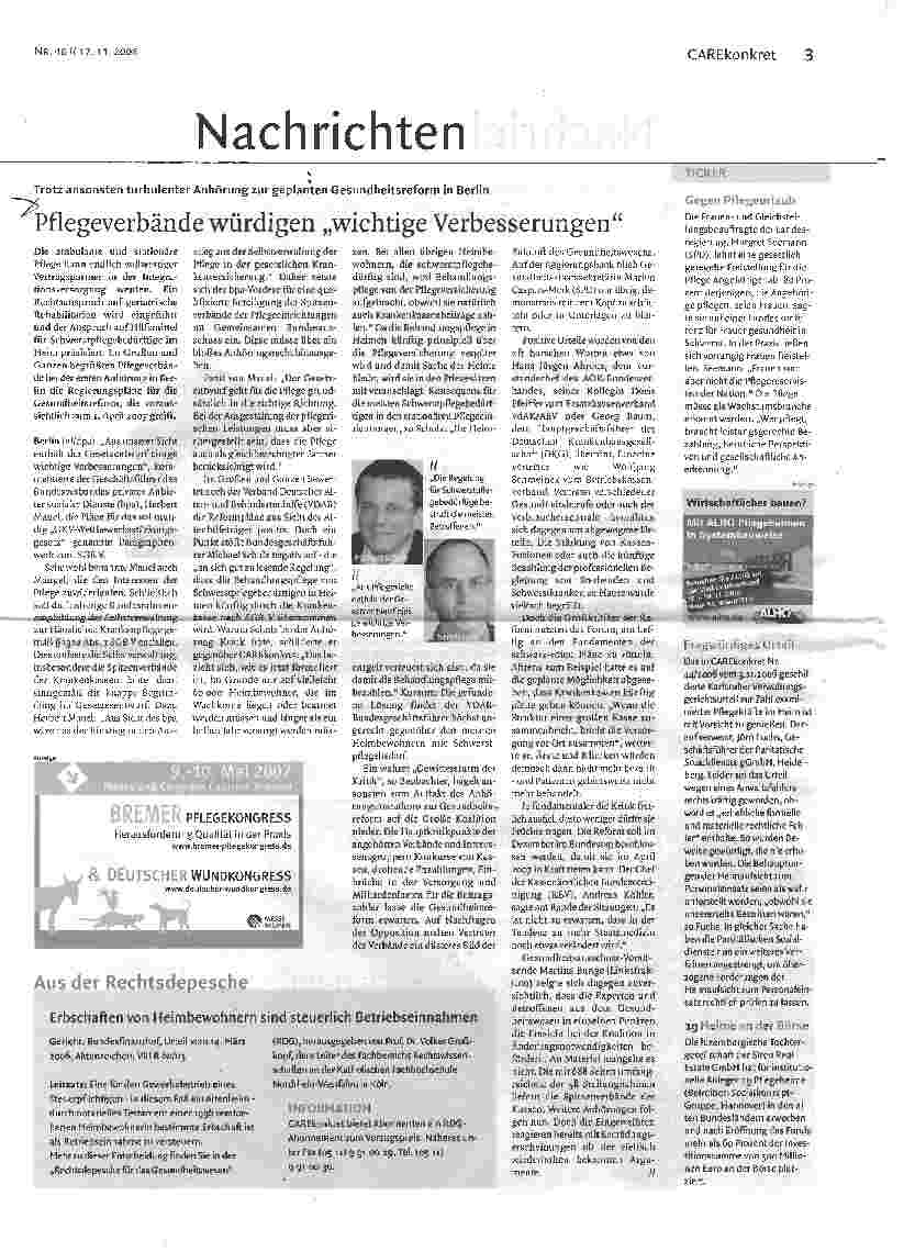 Vorschauseite 1: Trotz ansonsten turbulenter Anhörung zur geplanten Gesundheitsreform in Berlin - Pflegeverbände würdigen wichtige Verbesserungen