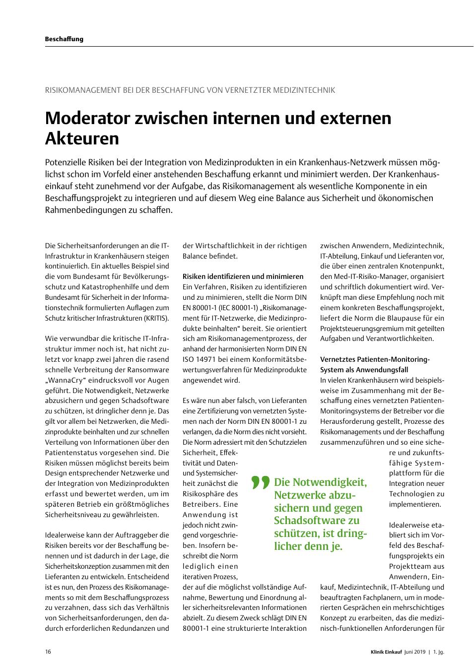 Vorschauseite 1: Risikomanagement BEI Der Beschaffung von Vernetzter Medizintechnik: Moderator Zwischen Internen und Externen Akteuren