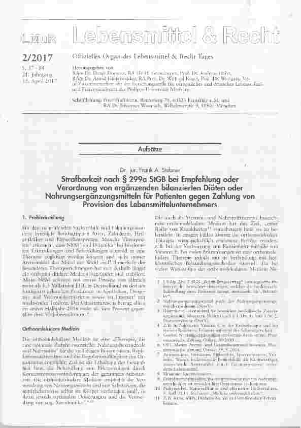 Vorschauseite 1: Strafbarkeit nach § 299a StGB bei Empfehlung oder Verordnung von ergänzenden bilanzierten Diäten oderNahrungsergänzungsmitteln für Patienten gegen Zahlung von Provision des Lebens…