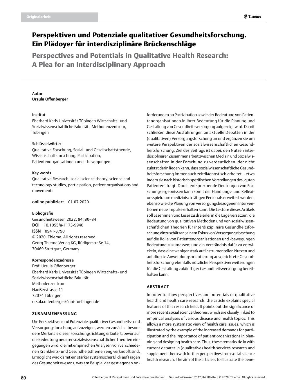 Vorschauseite 1: Perspektiven und Potenziale qualitativer Gesundheitsforschung. Ein Plädoyer für interdisziplinäre Brückenschläge.