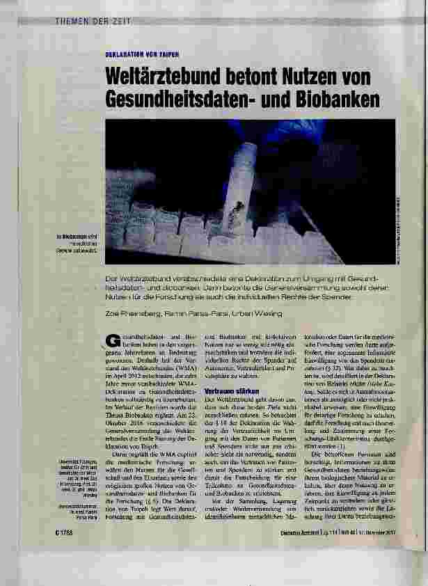 Vorschauseite 1: Weltärztebund betont Nutzen von Gesundheitsdatenund Biobanken