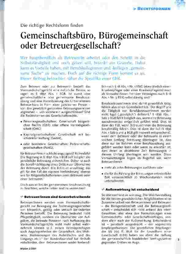 Vorschauseite 1: Die richtige Rechtsform finden - Gemeinschaftsbüro, Bürogemeinschaft oder Betreuergesellschaft?