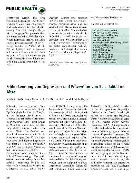 Vorschauseite 1: Früherkennung von Depression und Prävention von Suizidalität im Alter
