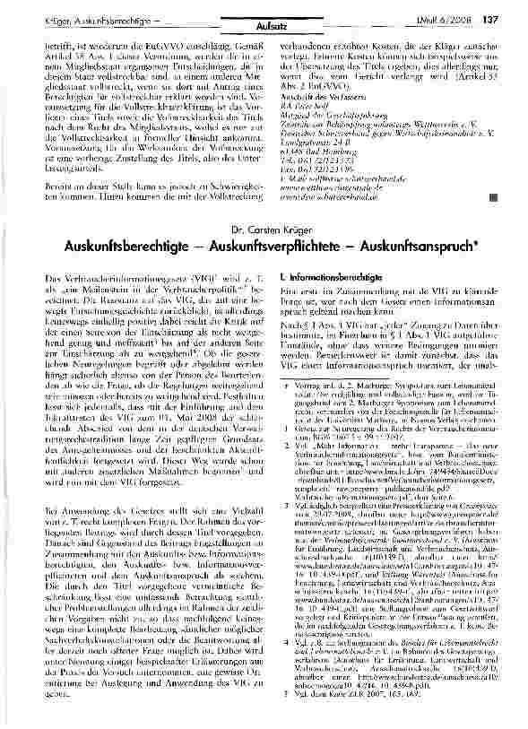 Vorschauseite 1: Auskunftsberechtigte — Auskunftsverpflichfete — Auskunftsanspruch