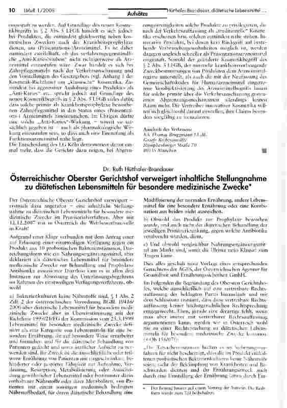 Vorschauseite 1: Österreichischer Oberster Gerichtshof verweigert inhaltliche Stellungnahme zu diätetischen Lebensmitteln für besondere medizinische Zwecke*