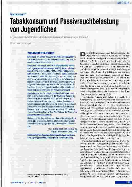 Vorschauseite 1: Tabakkonsum und Passivrauchbelastung von Jugendlichen
