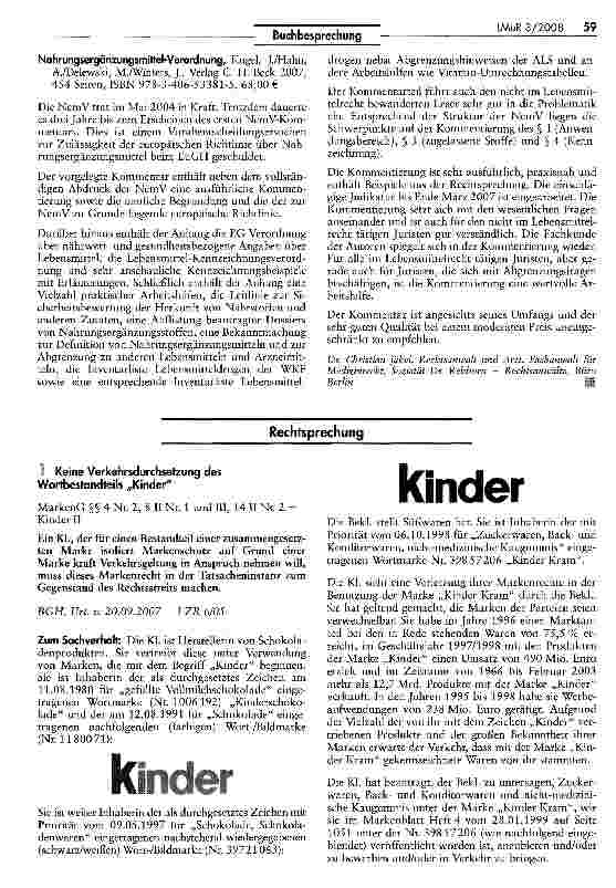 Vorschauseite 1: Keine Verkehrsdurchsetzung des Wortbestandteils „Kinder