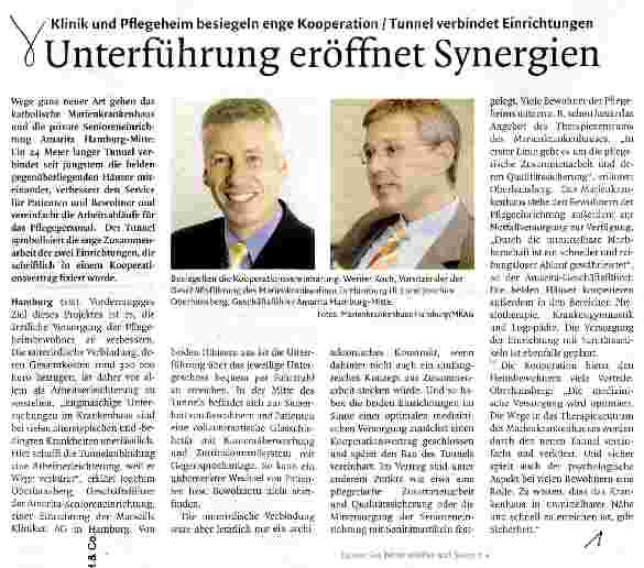Vorschauseite 1: Klinik und Pflegeheim besiegeln enge Kooperation / Tunnel verbindet EinrichtungenUnterführung eröffnet Synergien