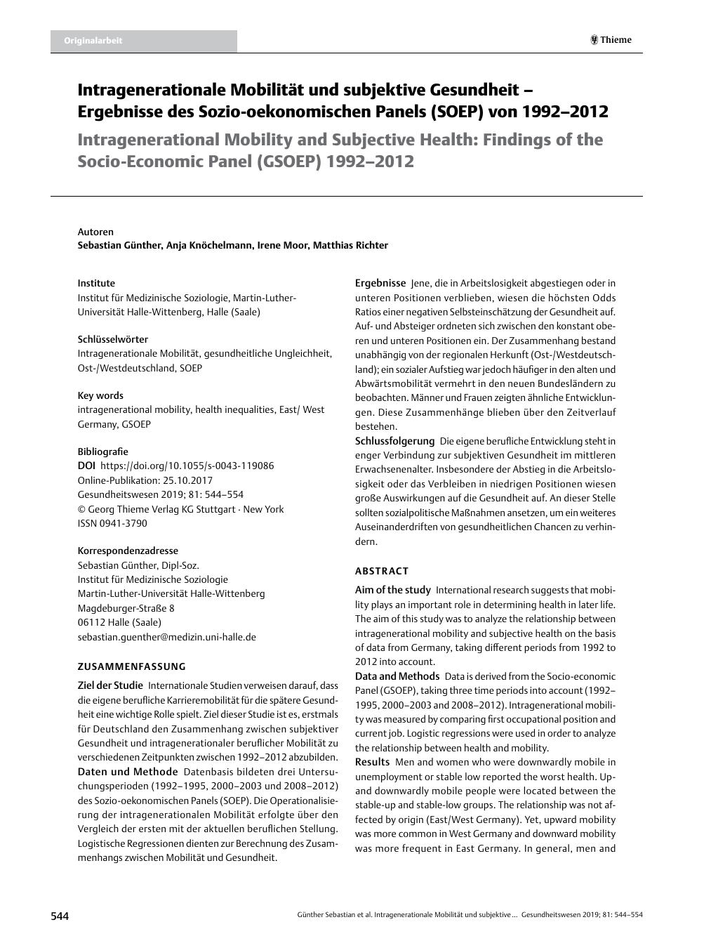 Vorschauseite 1: Intragenerationale Mobilität und subjektive Gesundheit – Ergebnisse des Sozio-oekonomischen Panels (SOEP) von 1992 – 2012