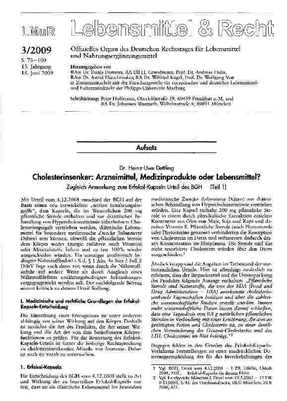 Vorschauseite 1: Cholesterinsenker: Arzneimittel, Medizinprodukte oder Lebensmittel?