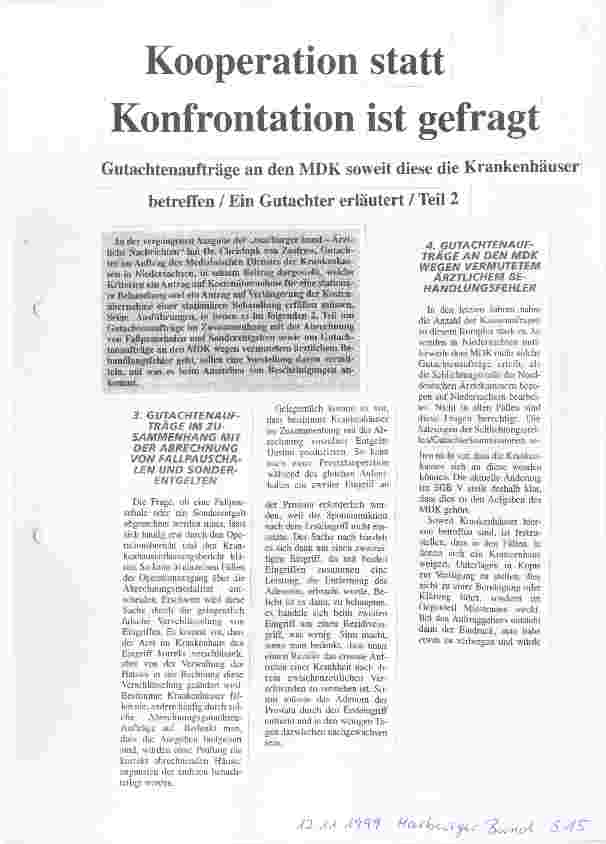 Vorschauseite 1: Kooperation statt Konfrontation ist gefragt Gutachtenaufträge an den MDK soweit diese die Krankenhäuser betreffen. Teil 2