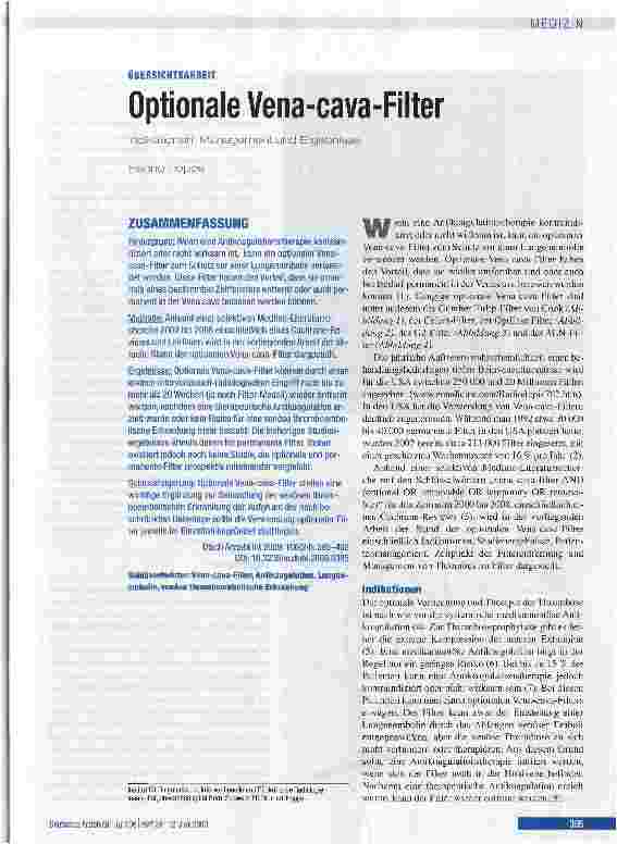 Vorschauseite 1: ÜBERSICHTSARBEITOptionale Vena-cava-FilterIndikationen, Management und Ergebnisse
