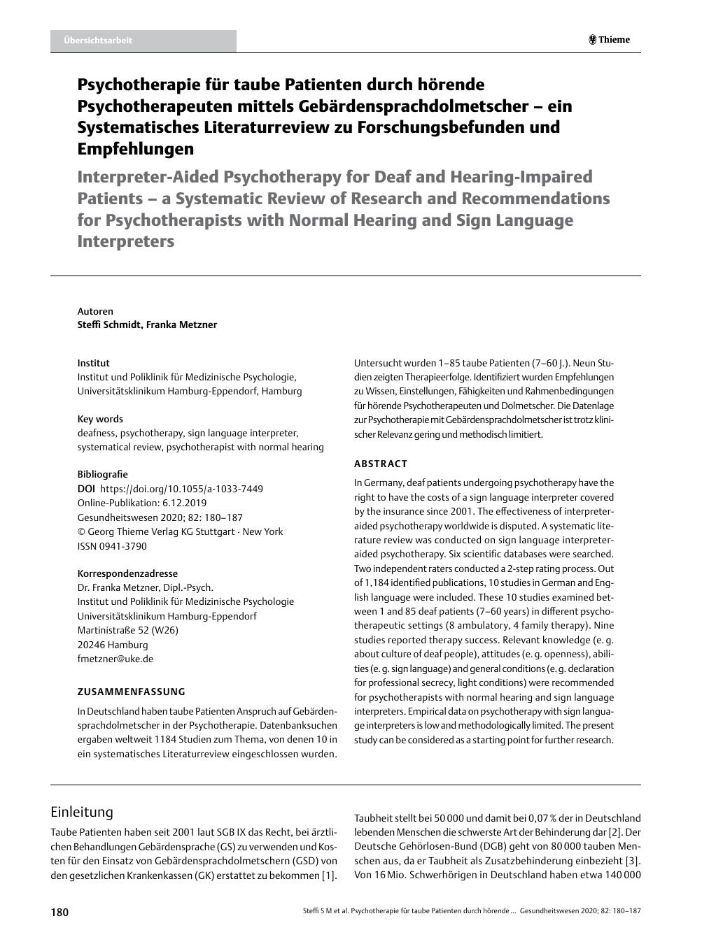 Vorschauseite 1: Psychotherapie für taube Patienten durch hörende Psychotherapeuten mittels Gebärdensprachdolmetscher? ein Systematisches Literaturreview zu Forschungsbefunden und Empfehlungen