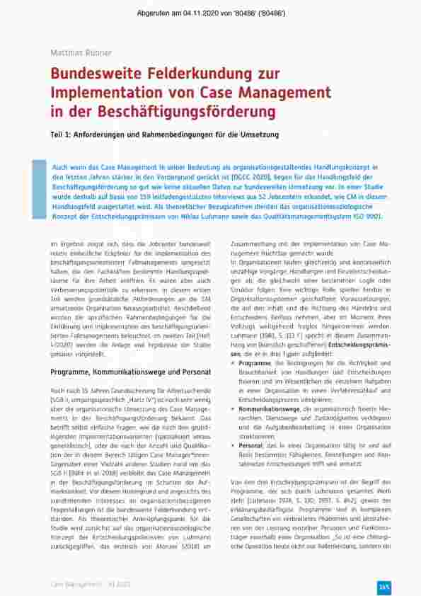 Vorschauseite 1: Bundesweite Felderkundung zur Implementierung von Case Management in der Beschäftigungsförderung