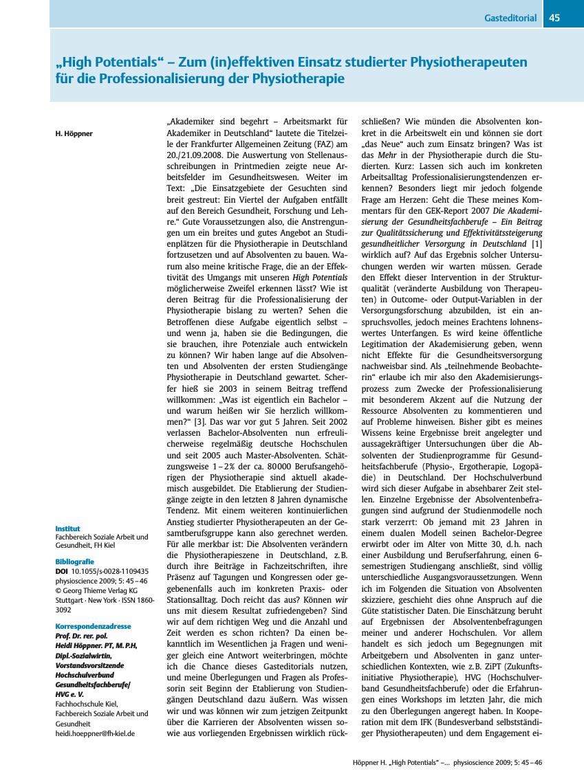 Vorschauseite 1: „High Potentials”– Zum (in)effektiven Einsatz studierter Physiotherapeuten für die Professionalisierung der Physiotherapie