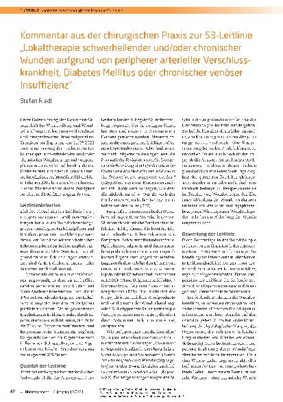 Vorschauseite 1: Kommentar aus der chirurgischen Praxis zur S3-Leitlinie „Lokaltherapie schwerheilender und/oder chronischer Wunden aufgrund von peripherer arterieller Verschlusskrankheit, Diabete…