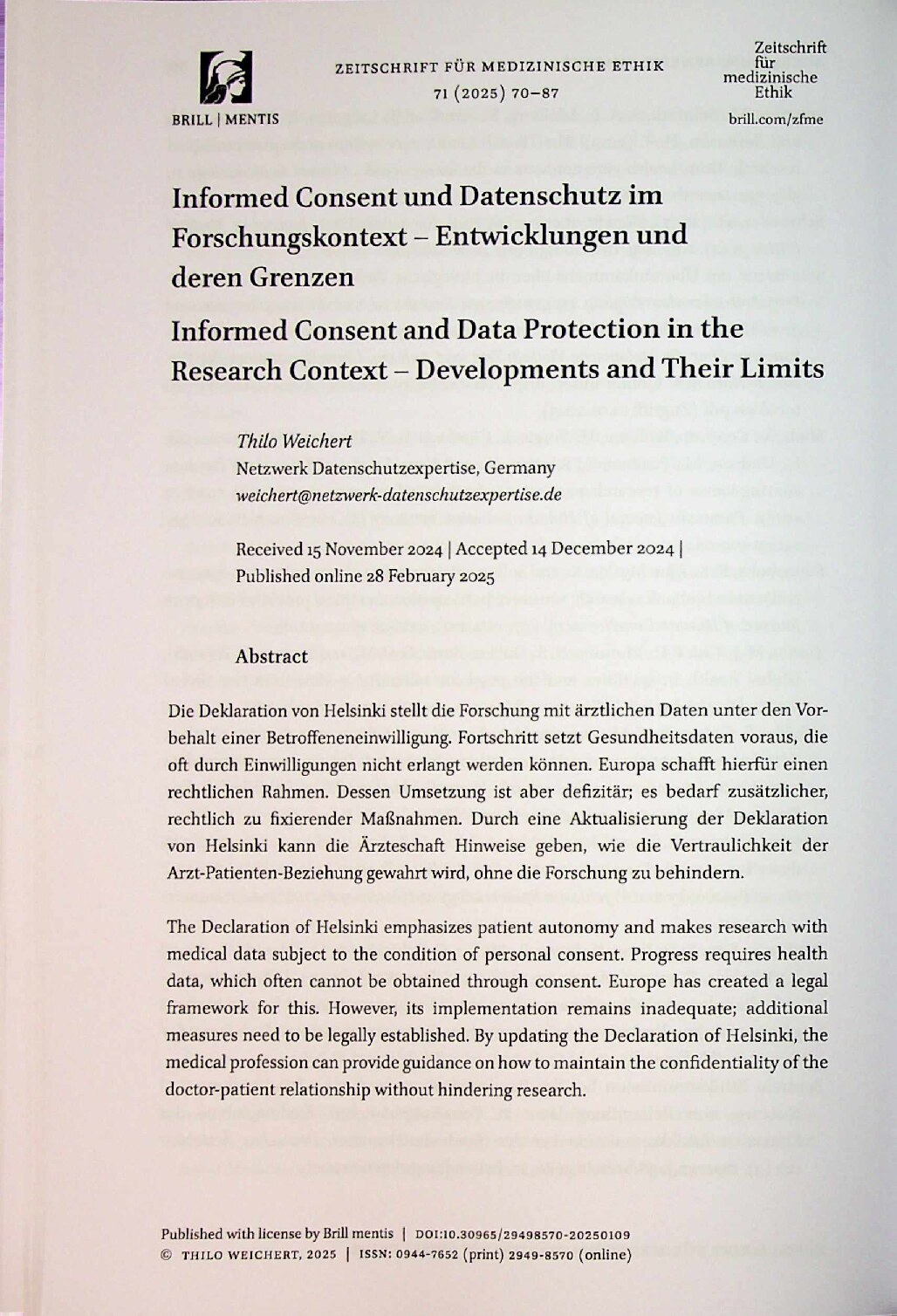 Vorschauseite 1: Informed Consent und Datenschutz im Forschungskontext – Entwicklungen und deren Grenzen