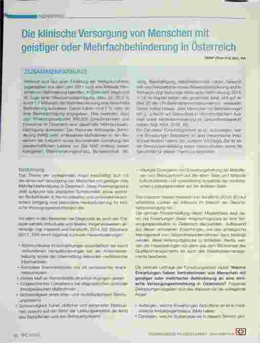Vorschauseite 1: Die klinische Versorgung von Menschen mit geistiger oder Mehrfachbehinderung in Österreich