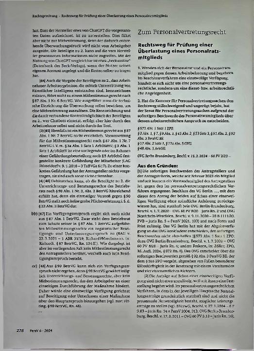 Vorschauseite 1: Zum Personalvertretungsrecht: Rechtsweg für Prüfung einer Überlastung eines Personalratsmitglieds