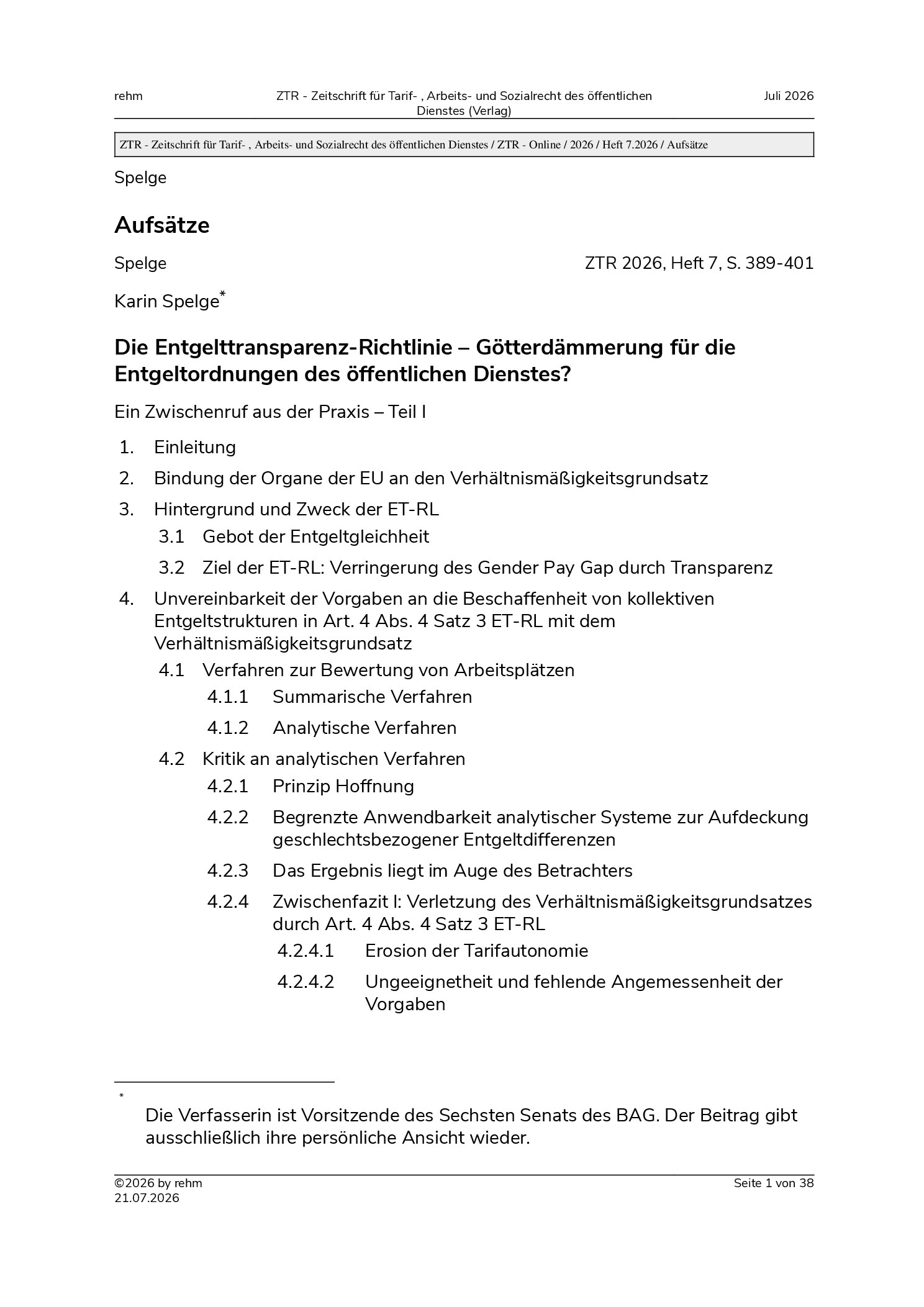 Vorschauseite 1: Die Entgelttransparenz-Richtlinie – Götterdämmerung für die Entgeltordnungen des öffentlichen Dienstes? Ein Zwischenruf aus der Praxis – Teil I