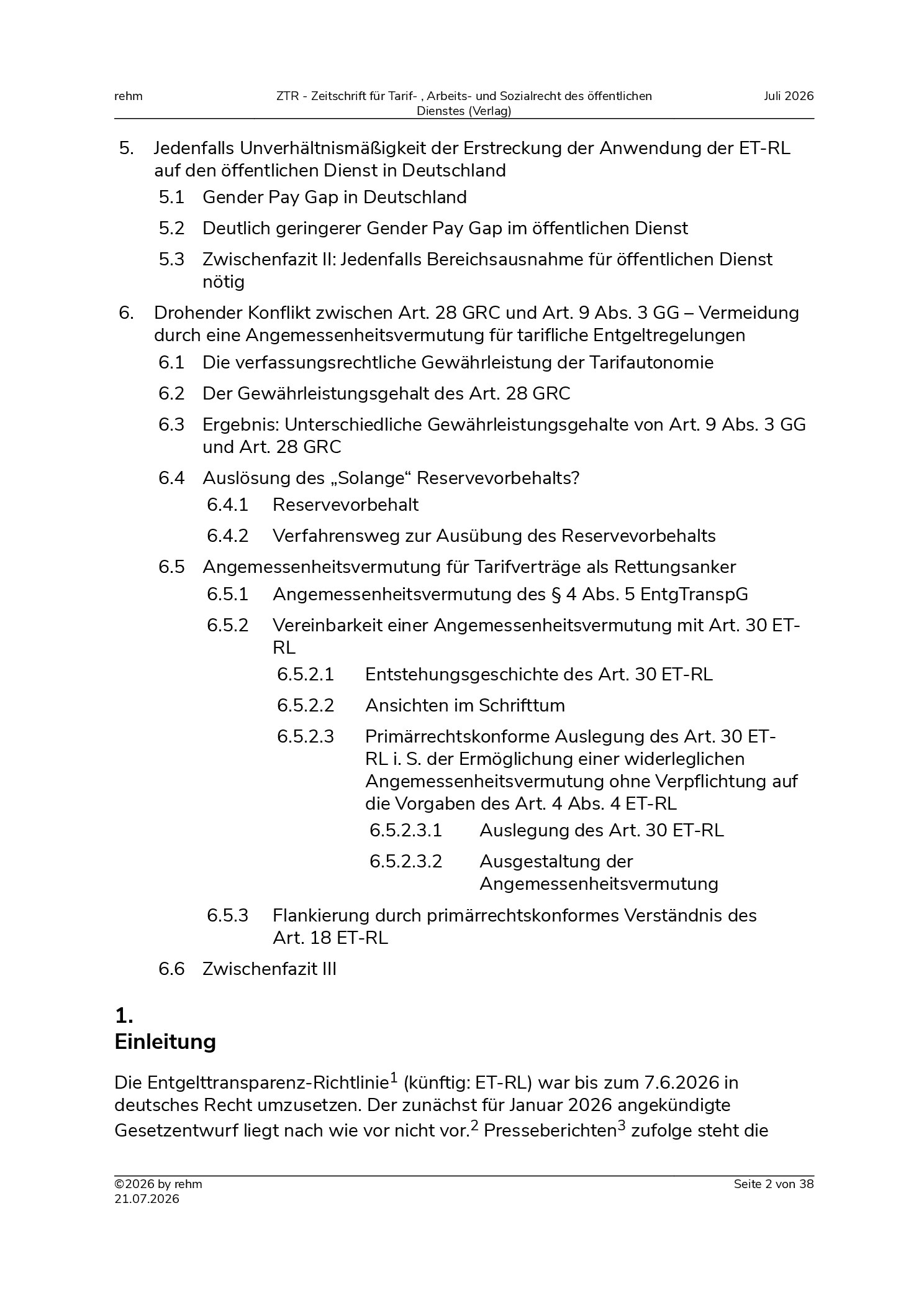 Vorschauseite 2: Die Entgelttransparenz-Richtlinie – Götterdämmerung für die Entgeltordnungen des öffentlichen Dienstes? Ein Zwischenruf aus der Praxis – Teil I