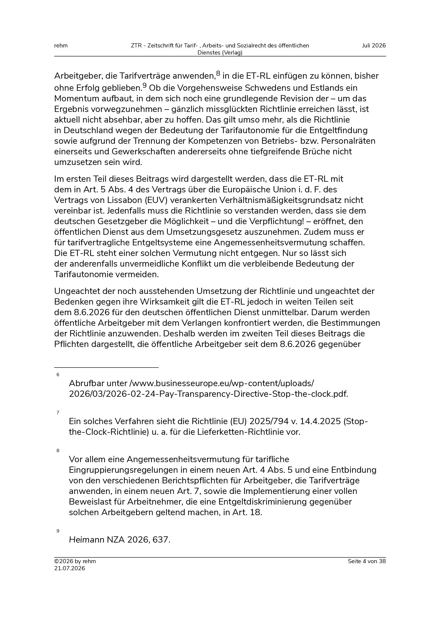 Vorschauseite 4: Die Entgelttransparenz-Richtlinie – Götterdämmerung für die Entgeltordnungen des öffentlichen Dienstes? Ein Zwischenruf aus der Praxis – Teil I