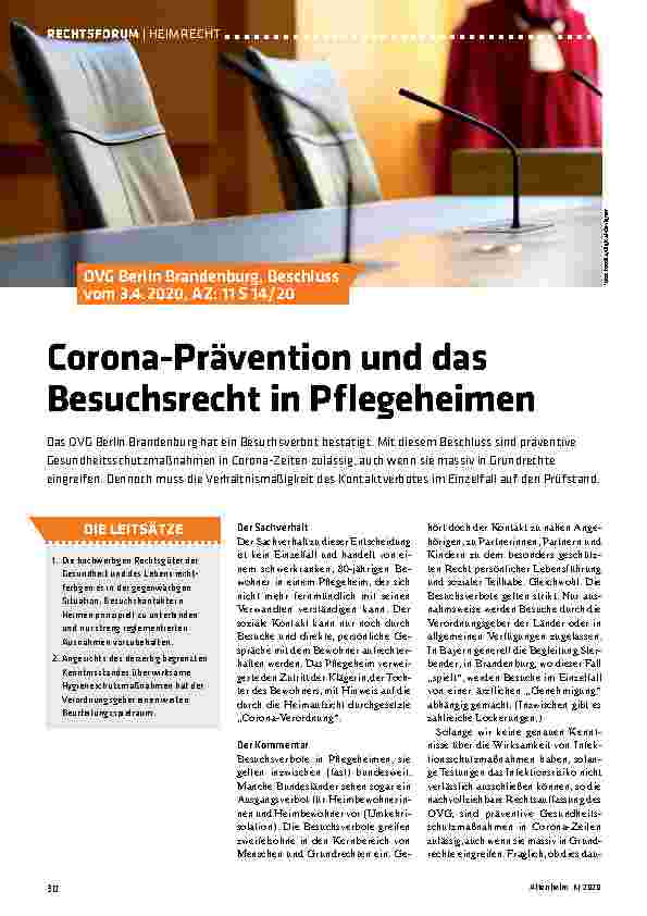 Vorschauseite 1: Corona-Prävention und das Besuchsrecht in Pflegeheimen